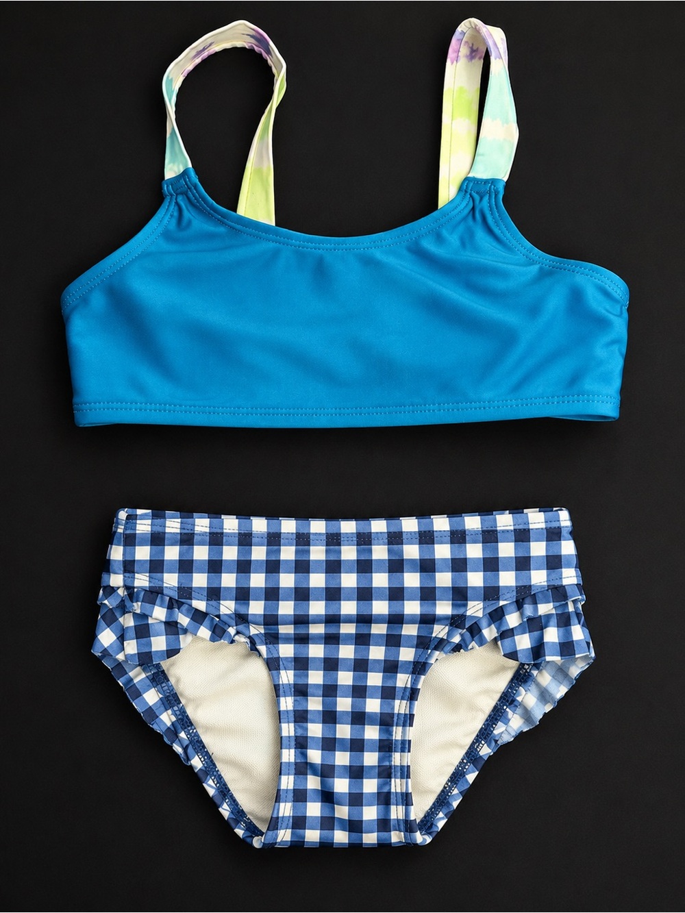 Cat & Jack 18M Baby Girl Blue Gingham 2 Piece Swimsuit Ruffle Bikini Set EUC